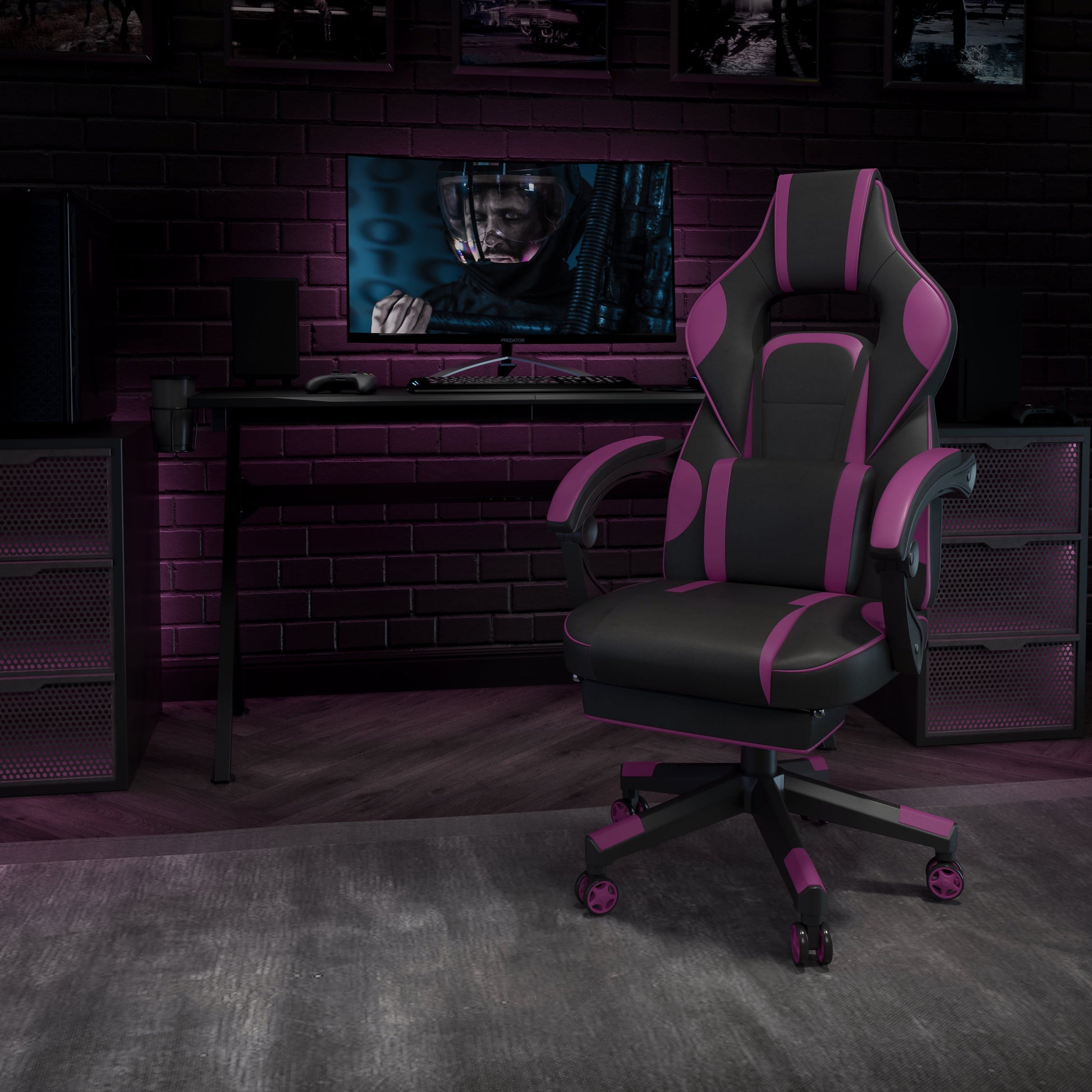 Black/Purple Ergonomic Gaming Chair -Recline Back/Arms, Footrest, Massaging Lumbar