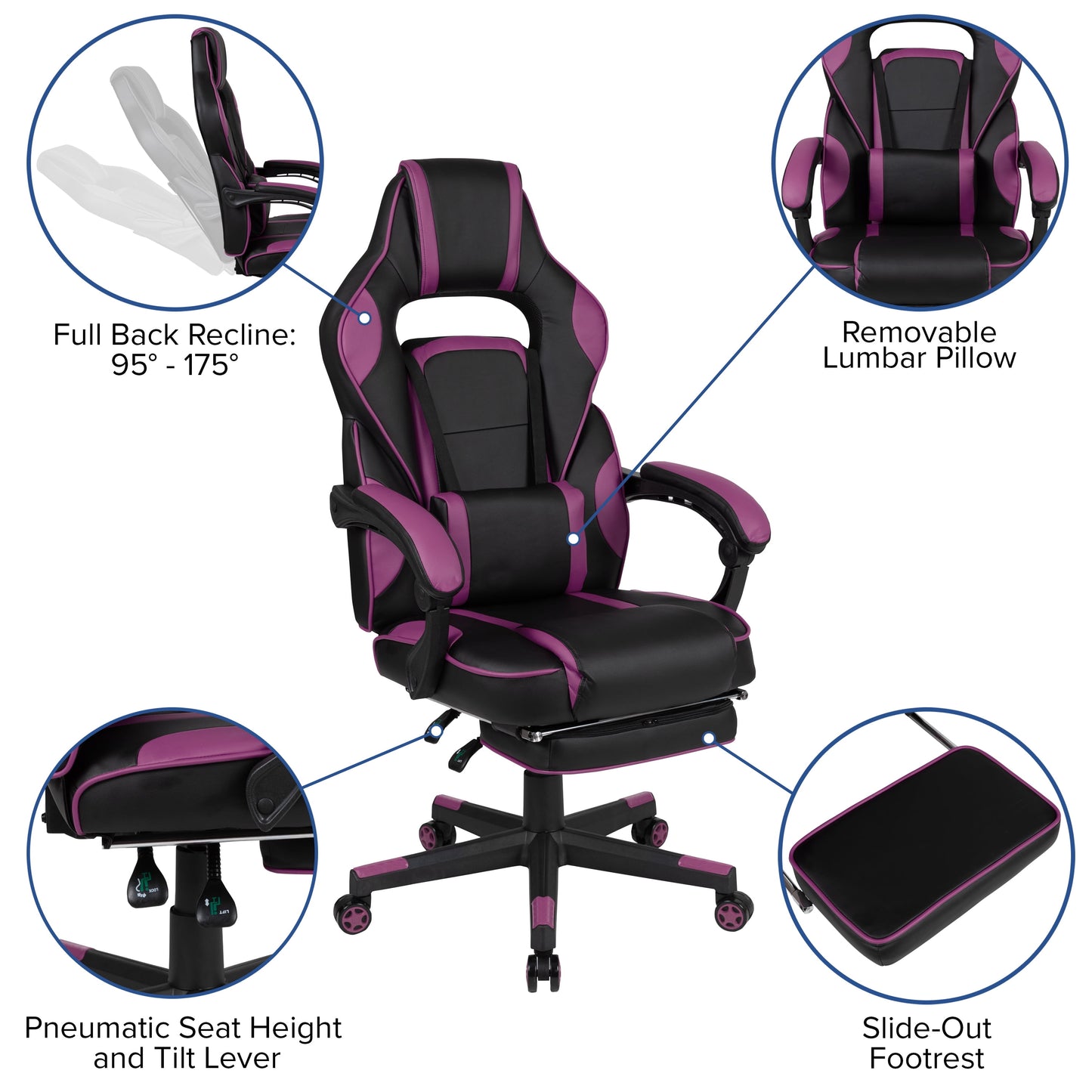 Black/Purple Ergonomic Gaming Chair -Recline Back/Arms, Footrest, Massaging Lumbar