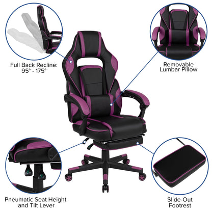Black/Purple Ergonomic Gaming Chair -Recline Back/Arms, Footrest, Massaging Lumbar