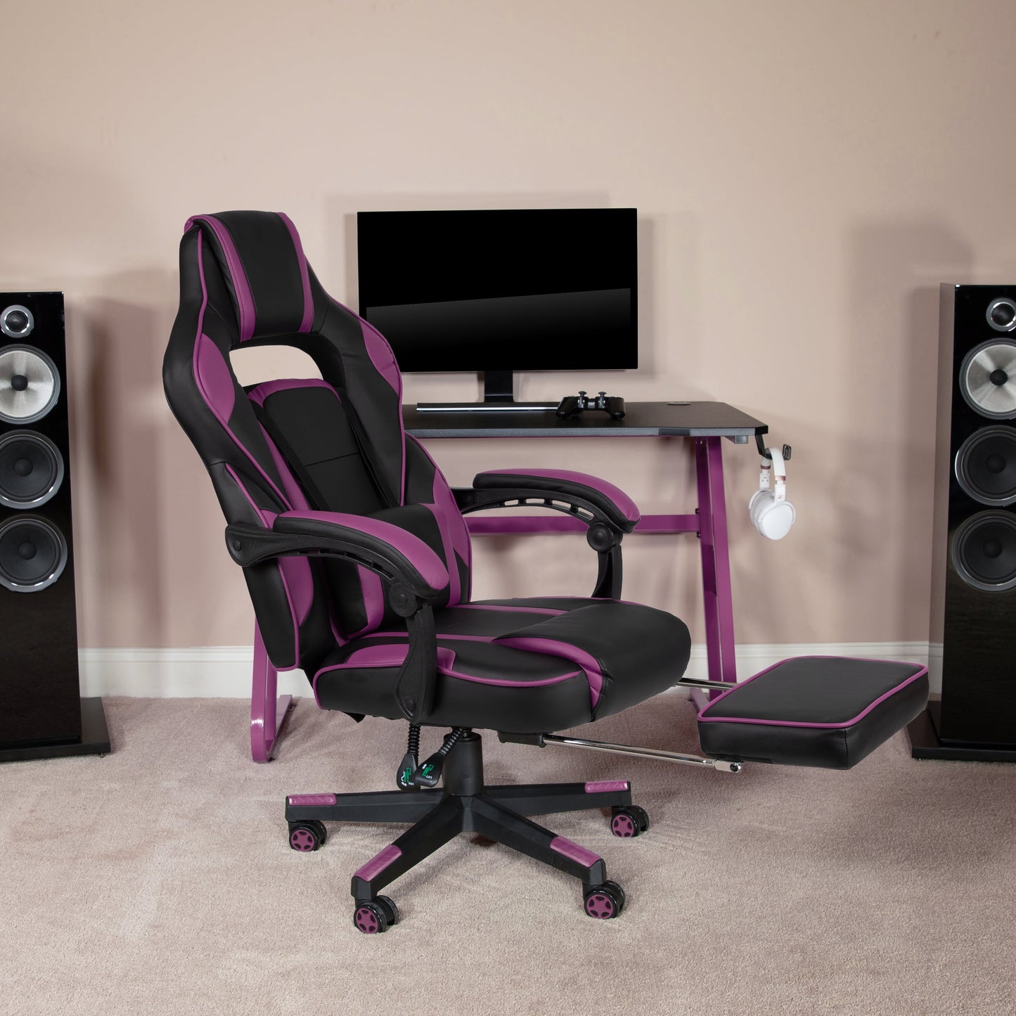 Black/Purple Ergonomic Gaming Chair -Recline Back/Arms, Footrest, Massaging Lumbar