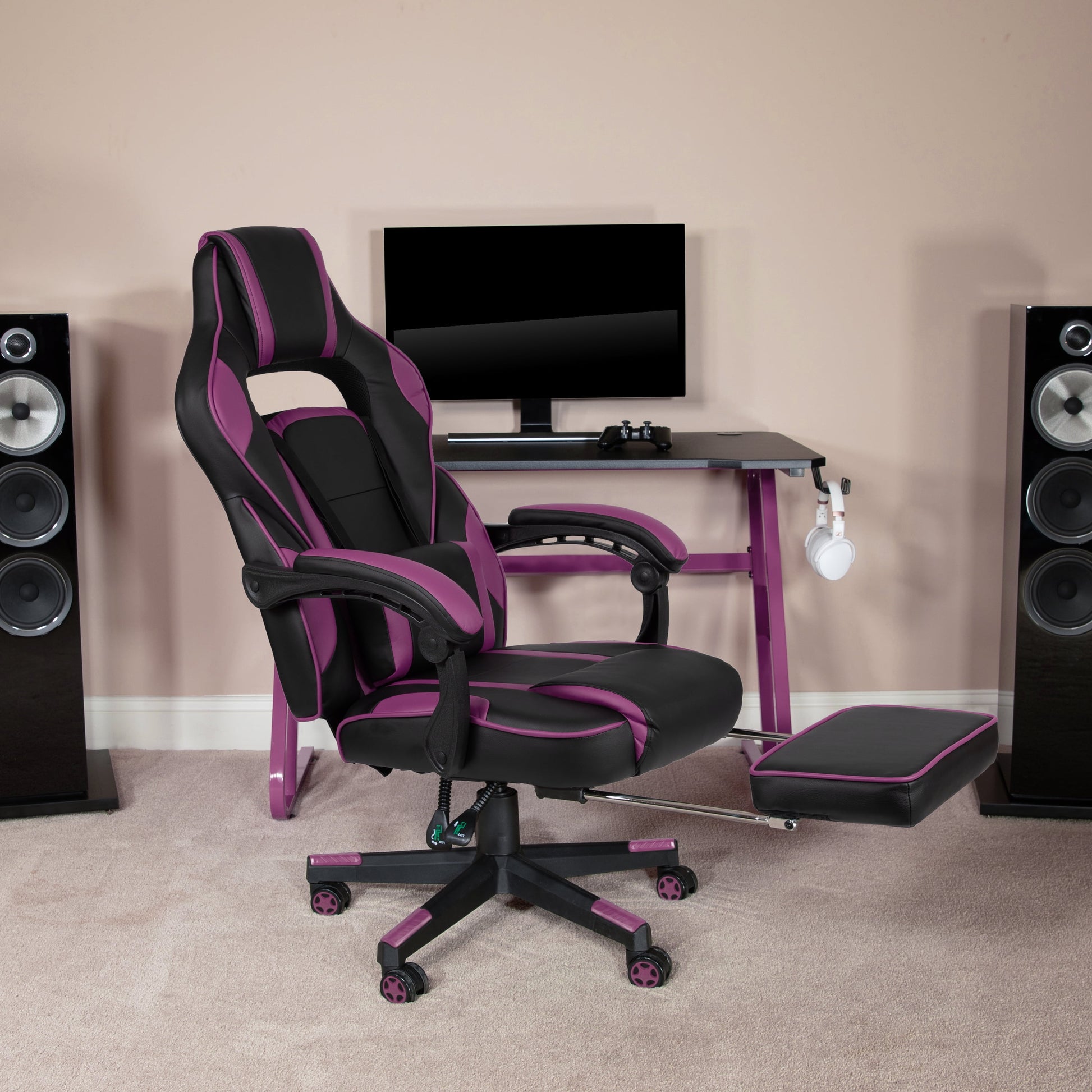 Black/Purple Ergonomic Gaming Chair -Recline Back/Arms, Footrest, Massaging Lumbar